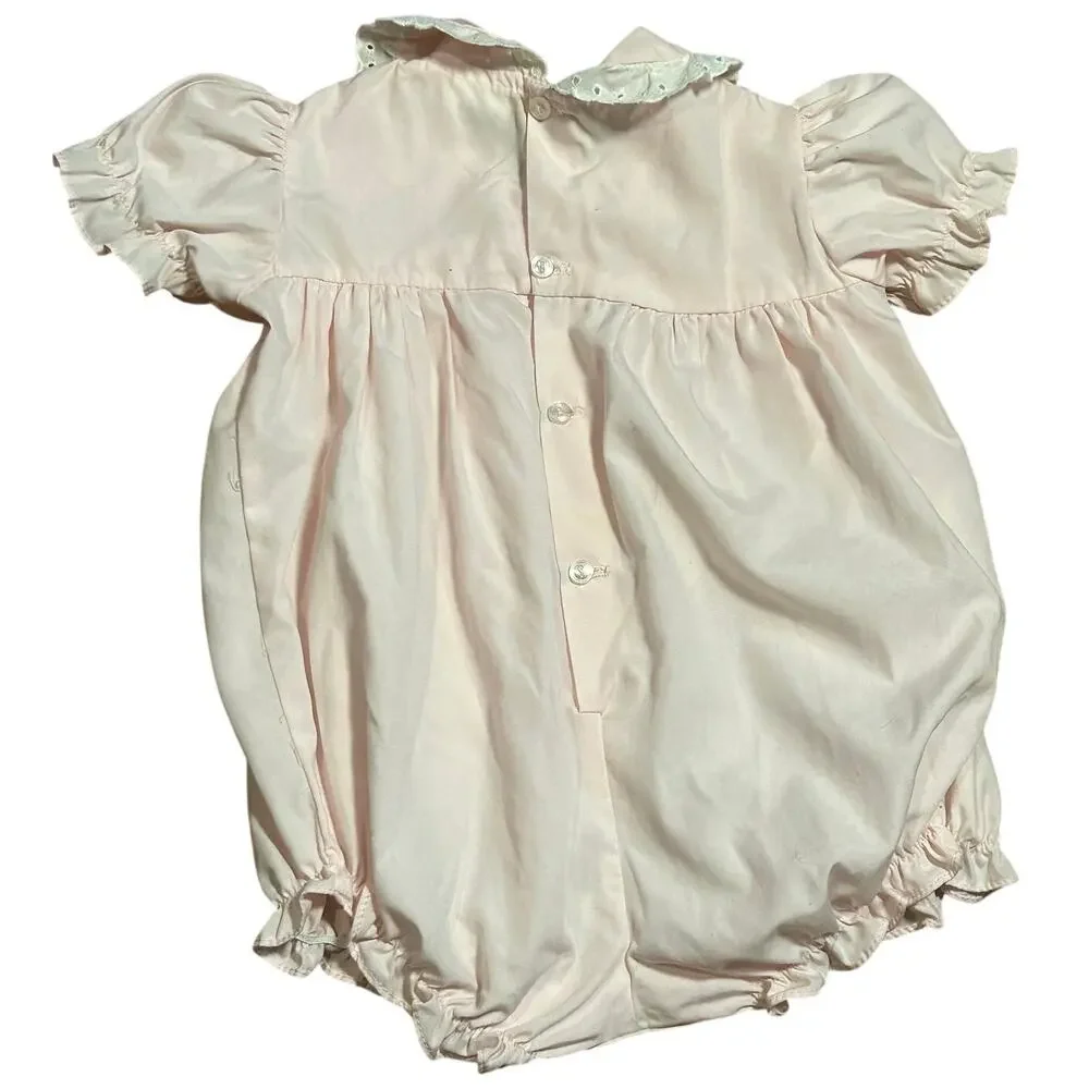 VTG 70s Baby Girl Pink Smocked Romper Teddy Bear Puff Sleeve Cottage Coquette